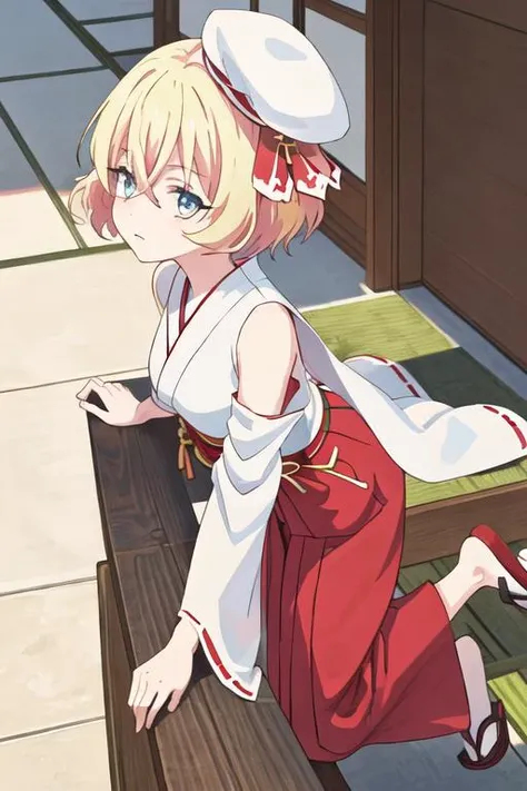 best quality, masterpiece, highres, solo, {white kimono:1.35}, {red hakama:1.35}, {wide sleeves:1.20}, {rieru_jashinchandropkick:1.15}, blonde_hair, short_hair, hat, blue_eyes, sleeveless