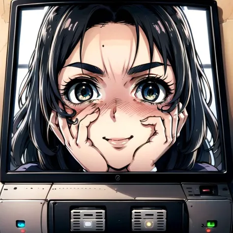 anime girl with eyes closed on a computer screen with a picture of a woman