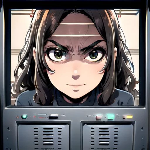 anime girl staring at the camera with a monitor screen in front of her