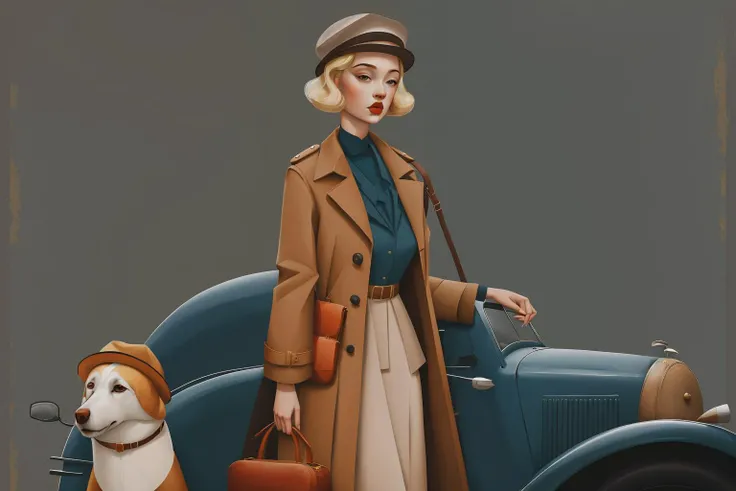 ankymoore, 1930s,  blonde, fashion lady,
illustration, oil painting style,
marlier, 1girl, solo, hat, multiple ladies, bag, coat, ground vehicle, dog,
 <lora:ankymoore-04:1>