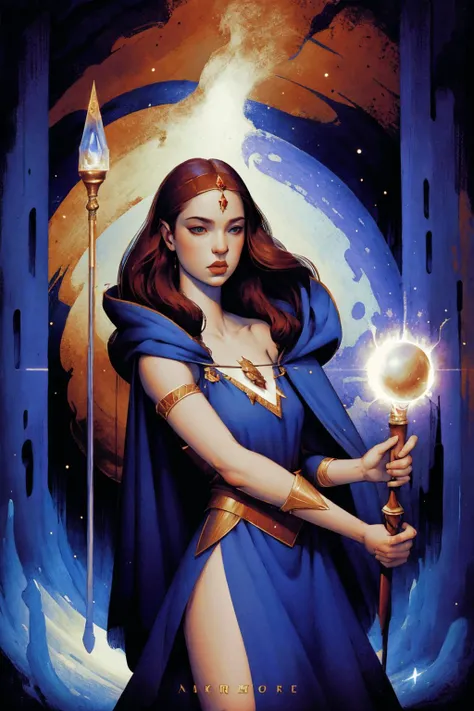 1 woman , mage, staff, magicial orb, 
by Drew Struzan and ankymoore 
fantasy, DnD
dark room, dim light
 (best quality, masterpiece),
 <lora:ankymoore-04:1>