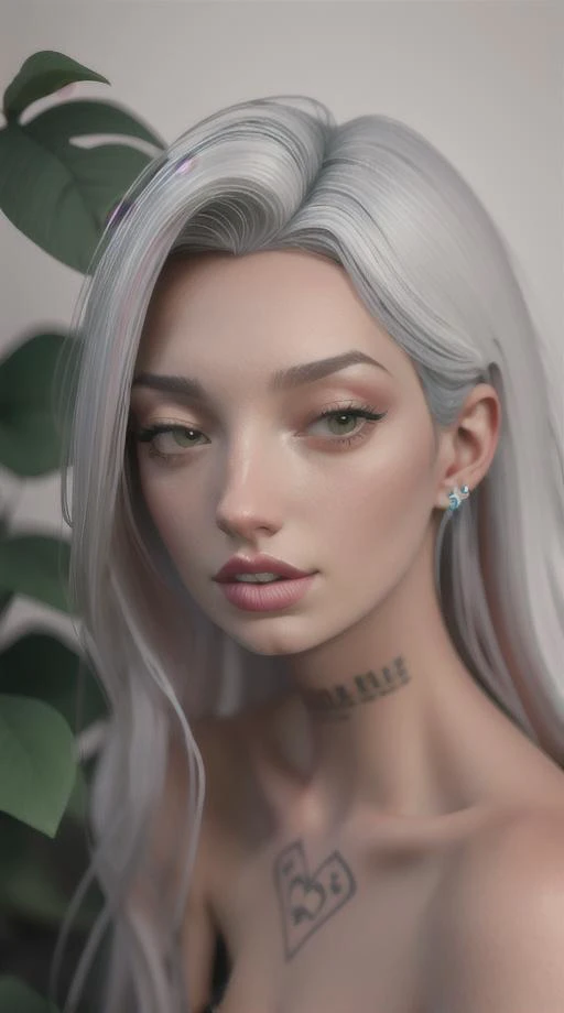 a woman with white hair and tattoos on her chest