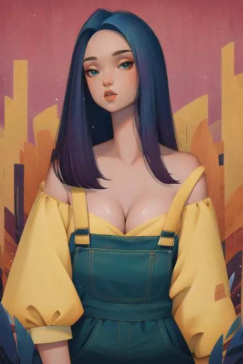 (ulzzang-6500-v1.1:0.4), straight hair, slim, slender, looking at viewer, overalls, off shoulder, cleavage, (masterpiece), (best quality:1.2), absurdres, intricate details, upper body, (highly detailed skin:1.2), <lora:ankymoore:1>