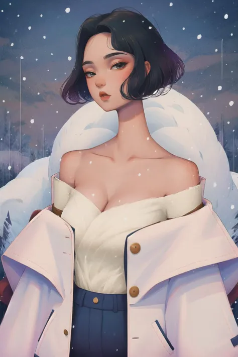 (amia:0.4), short hair, windy, slim, slender, looking at viewer, jacket, off shoulder, cleavage, (masterpiece), (best quality:1.2), absurdres, intricate details, upper body, snowing, (highly detailed skin:1.2), <lora:ankymoore:1>