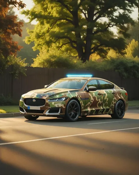 a camouflaged jaguar car driving down a street next to a tree