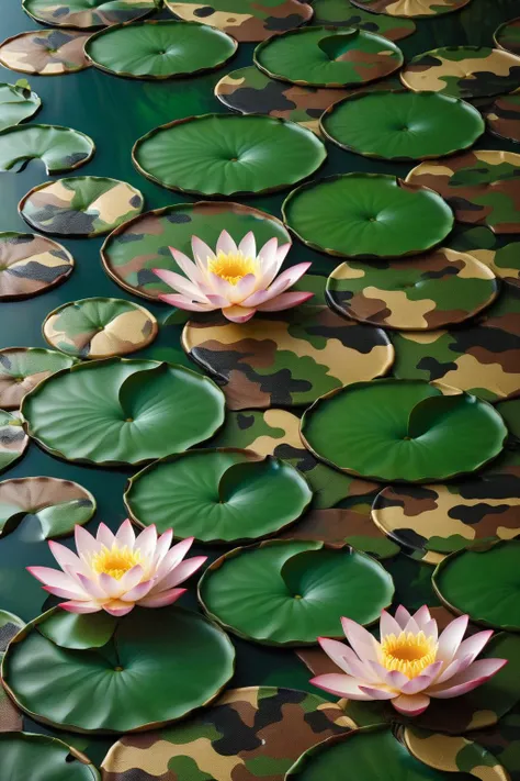 lily pads on a pond with water lillies in the water