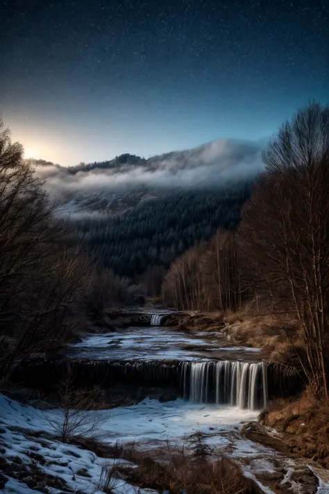 a view of a waterfall in a snowy mountain with a sky background