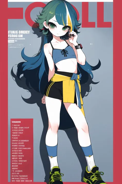 (1 girl:1.1),(solo:1.15),
(flat chest:1.2), (skinny:1.2),sports shoes, sports pants, sash, watch, socks, ,(intricate blue hair,streaked hair,shaggy cut:1.2),(green eyes:1.1),magazine cover page,<lyco:wai-tei:1.0>,