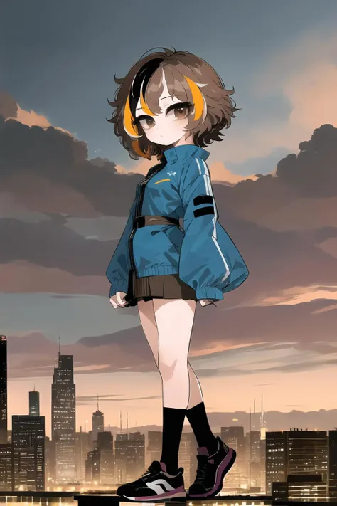 (1 girl:1.1),(solo:1.15),
(flat chest:1.2), (skinny:1.2),(colorful windbreaker:1.1),sports shoes,short wrap skirt, sash, watch, socks, ,(intricate brown hair,streaked hair,shaggy cut:1.2),(brown eyes:1.1),city scape<lyco:wai-tei:1.0>,