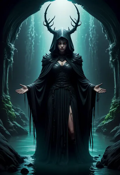 (medium full shot) of (esthetic young woman:1.1) demon, (darkness horns exuding an aura of dread),italian with brown hair, green eyes, tan skin, curvy,             wearing Dark sorceress-inspired black robe with hood, lace-trimmed stockings, witchy boots, ...