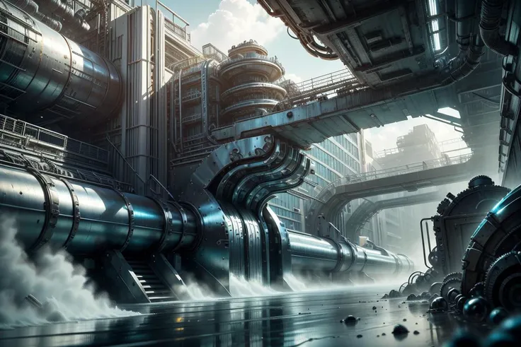 futuristic city with a giant pipe and a large building