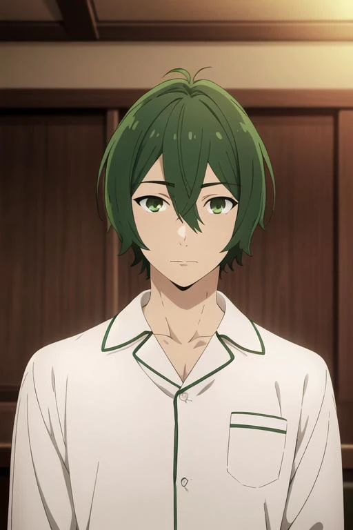 masterpiece, best quality, high quality, 1boy, solo, male focus, looking at viewer, upper body, <lora:shuu_iura:0.58>, shuu_iura, green hair, green eyes, hair between eyes, realistic, pajamas