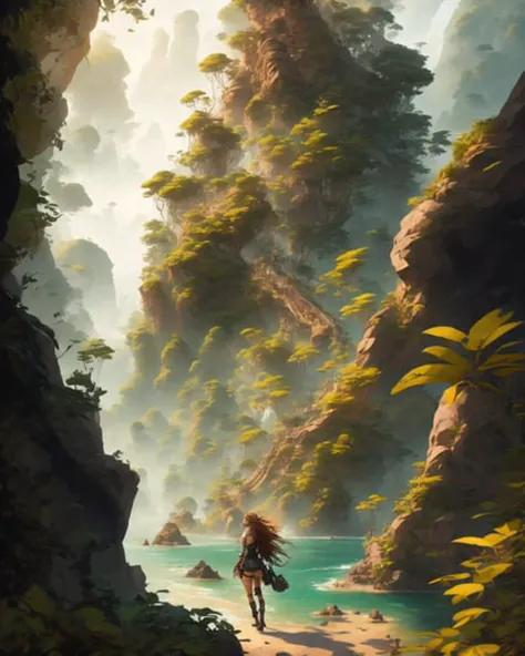 advntr, beautiful woman with long brown hair in a dense jungle next to a lush cliff, fog