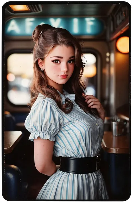 photo of (brmonk:0.99), closeup portrait, perfect hair, hair upsweep updo, posing, (vintage photo, waitress outfit), ((postcard)), 160mm f/8, 1/10s, ISO 25, ((tintype)), (analog, film, film grain:1.3), ((american diner, 50s style, gritty)), happy, ((detail...