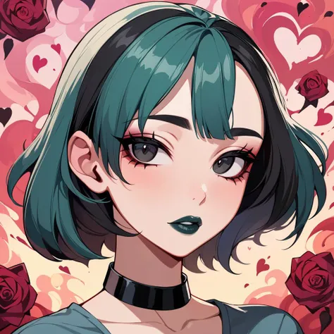 anime girl with green hair and black choker in front of roses