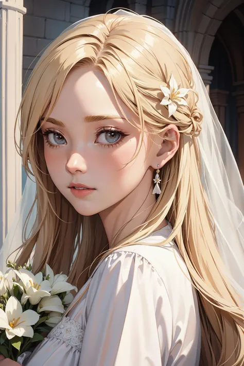 anime girl with long blonde hair and blue eyes holding a bouquet