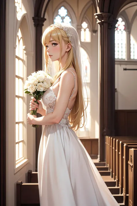 a close up of a woman in a wedding dress holding a bouquet