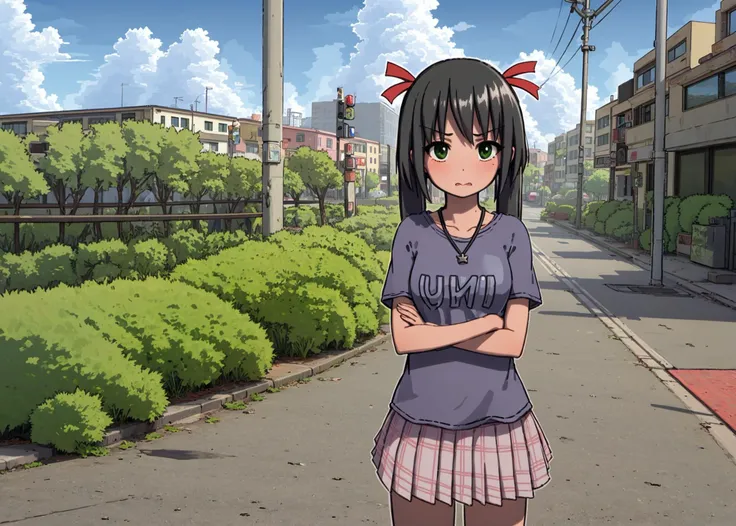 1girl, solo, green eyes, black hair, twintails, hair ribbon, clothes writing, pleated skirt, purple shirt, necklace, (cowboy shot, jaggy lines, white outline), disgust, hands on own chest, dark night, cloud, sky, outdoors, cloudy sky, street, city, citysca...