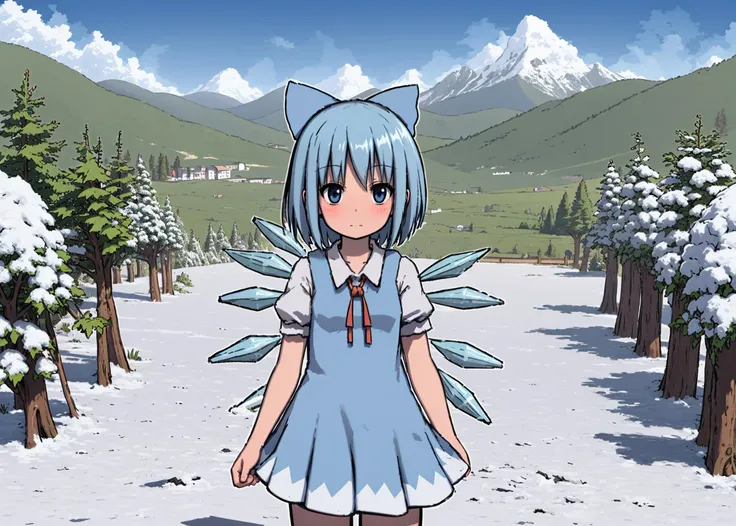 1girl, (cirno:1.25), (cowboy shot, jaggy lines, white outline), closed mouth, spread arms, snow valley, field, frozen trees, mountains, snowman
 <lyco:radiopulsar_v3-000015-32rank:1>