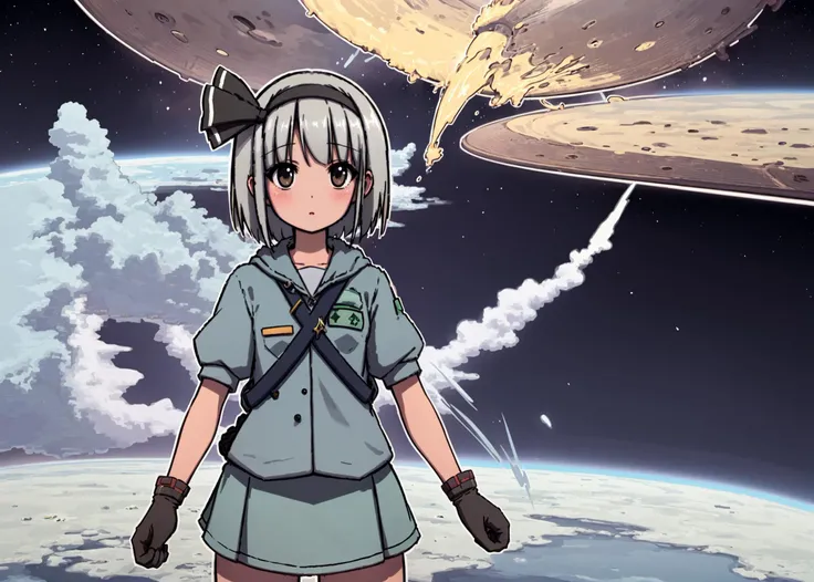 1girl, (konpaku youmu:1.2), (cowboy shot:1.2), (jaggy lines, white outline), space suit, handgloves, (floating in space, mid-air), (lunar landscape:1.1), milky way, stars, meteor shower, retro sci-fi
 <lyco:radiopulsar_v3-000015-32rank:1>