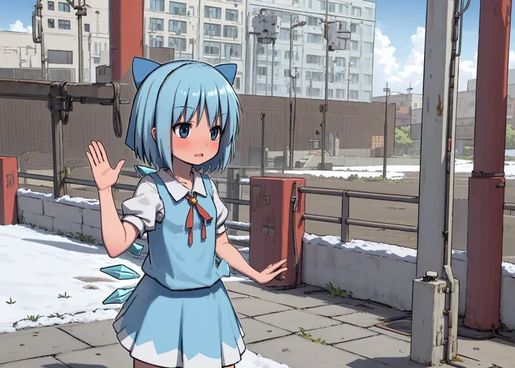 1girl, (cirno:1.25), (cowboy shot, jaggy lines, white outline), rape face, waving, soviet buildings on background, soviet buildings, winter, blizzard
 <lyco:radiopulsar_v3-000015-32rank:1>