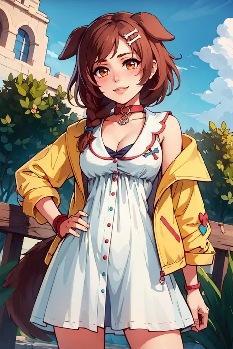 ((masterpiece,best quality)), ik1, 1girl, white dress, yellow jacket, dog tail, animal collar, cleavage, medium breasts, wristband, cartoon bone, hairclip, <lora:inugami_korone_v1:0.7>, cowboy shot, standing, outdoors, smile, hand on hip,