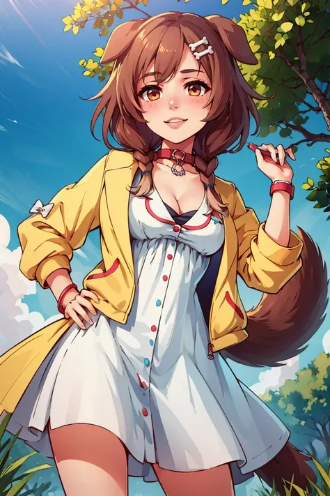 ((masterpiece,best quality)), ik1, 1girl, white dress, yellow jacket, dog tail, animal collar, cleavage, medium breasts, wristband, cartoon bone, hairclip, <lora:inugami_korone_v1:0.7>, cowboy shot, standing, outdoors, smile, hand on hip,