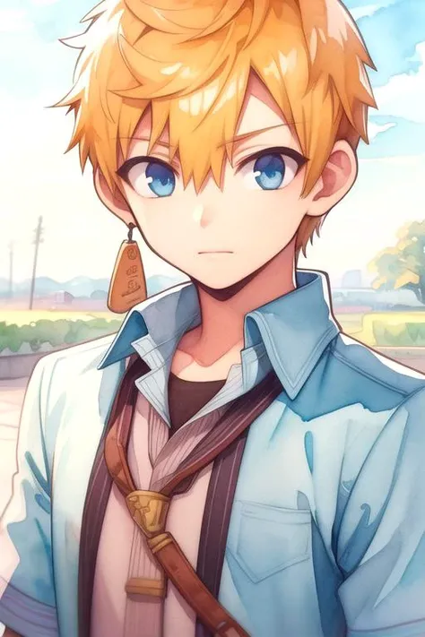 masterpiece, best quality, game cg, 1boy, solo, male focus, looking at viewer, upper body, depth of field, (watercolor illustration, soft pastel colors:1.1), realistic, <lora:kou_minamoto:0.72>, kou_minamoto, blonde hair, blue eyes, dwarf costume, spring,