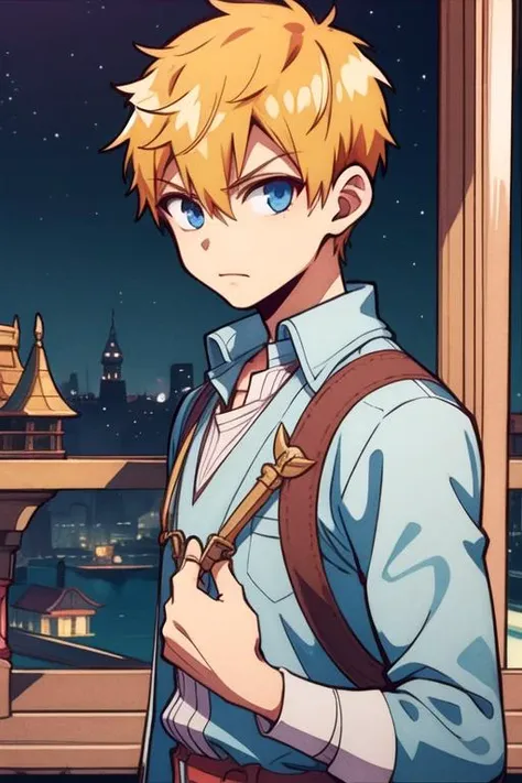 masterpiece, best quality, game cg, 1boy, solo, male focus, looking at viewer, upper body, , , , <lora:kou_minamoto:0.74>, kou_minamoto, blonde hair, blue eyes, renaissance costume, guard tower, High definition