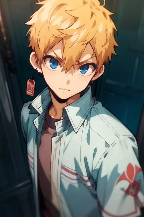 masterpiece, best quality, game cg, 1boy, solo, male focus, looking at viewer, upper body, depth of field, anime coloring, realistic, <lora:kou_minamoto:0.74>, kou_minamoto, blonde hair, blue eyes, biker costume, ,