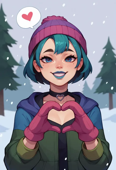 score_9, score_8_up, score_7_up, score_6_up, score_5_up, score_4_up, BREAK outside,snowing,gwentd,two-tone hair, multicolored hair,lipstick, choker,beanie,hood up,mittens,heart hands,spoken heart,happy <lora:gwentd-guy-ponyv1:1>