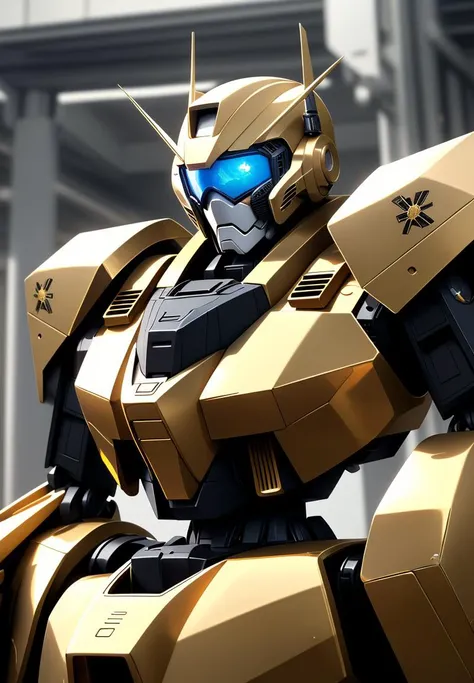 a close up of a robot with a blue eye and a gold body