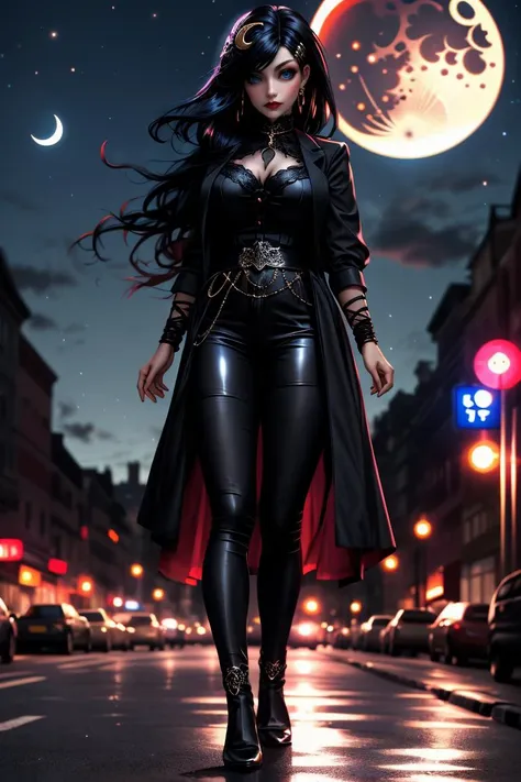 a woman in black leather pants and a red cape walking down a street