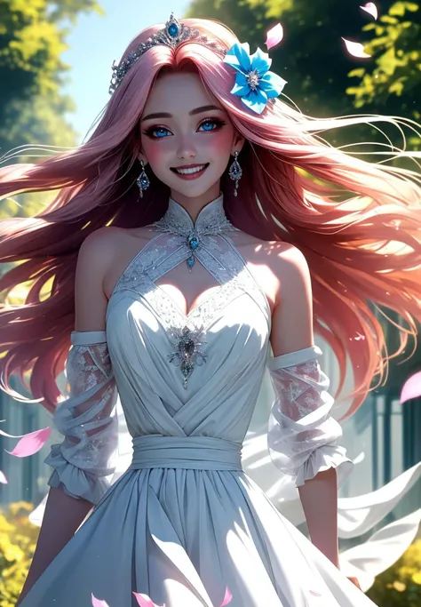 (Ultra-HD-details, discreet, emphasized-details, life-size-body, cutesie)
In daylights embrace, neath the suns warm glow
A princess with hair like pink petals in flow.
Eyes of deep blue, a skys serene hue
In her white dress, she dances anew.
A kingdoms joy...