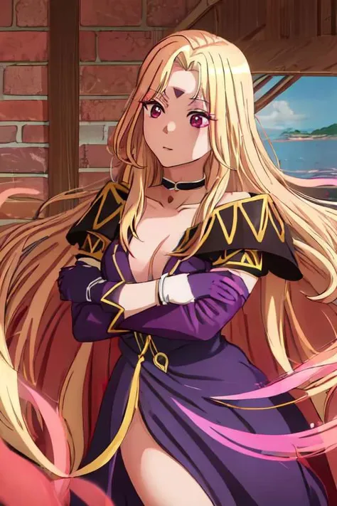 (masterpiece, best quality, HDR:1.2), Marin Kitagawa, marin kitagawa, long hair, bangs, blonde hair, (red eyes:1.5), multicolored hair,<lora:MarinKitagawaV12a:0.7>,  blonde hair, facial mark, forehead mark, elbow gloves, choker, bracelet, (cape),  purple d...