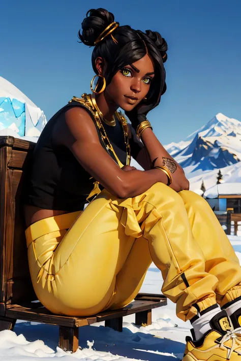 luxe, dark skin, black hair, double bun, yellow eyes, (right arm tattoo, gold lipstick),nose ring, chain necklace, hoop earrings, fingerless gloves, black shirt, yellow pants, looking at viewer, serious, 
sitting, on wood crate, outside, mountain, snow, gl...