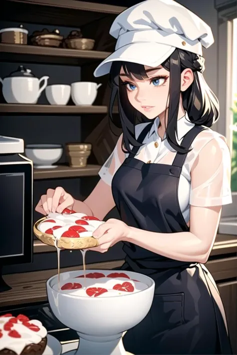 anime girl in a kitchen making a cake with a spatula