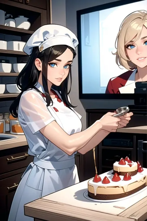 anime image of a woman in a kitchen with a cake