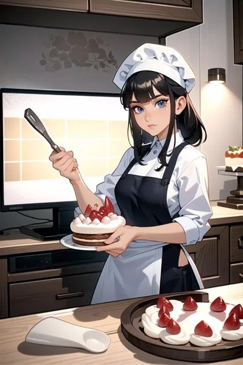 anime girl in a kitchen with a plate of strawberries and a cake