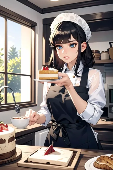 anime girl in a kitchen holding a plate of food