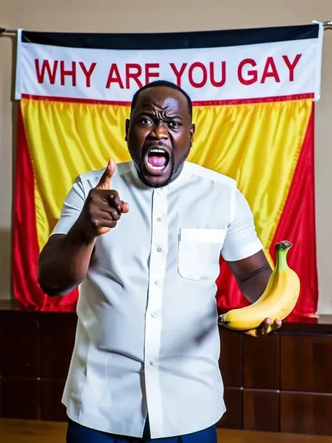 ugandan pastor shouting and pointing at the viewer while holding a banana, a banner behind him has the text "WHY ARE YOU GAY?"