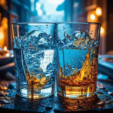 two glasses of water with ice on a table