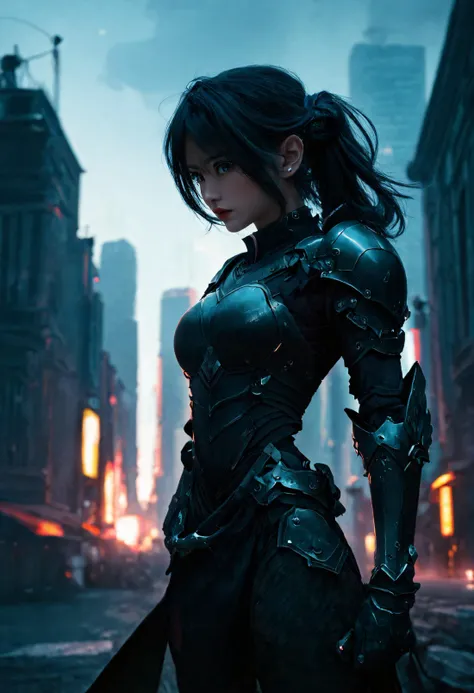 dynamic pose, RAW photo of a cyberpunk girl with light black cloth armor, glowing body parts, titian medium hair, dystopic night city in background, sunset, neon advertising on buildings, RAW photo, dark, Intricate, highly detailed, high quality, centered,...