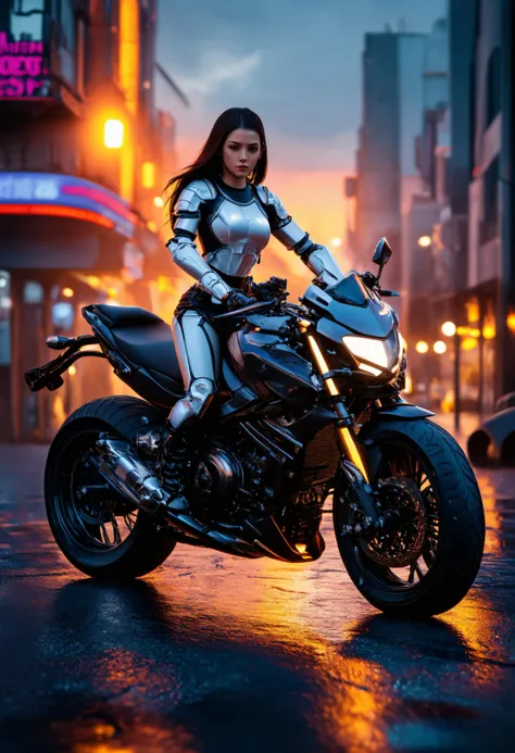 dynamic pose, RAW photo of a cyberpunk girl with light white steel armor driving a motorcycle, glowing body parts, chestnut blowout, wet street, dystopic night city in background, sunset, neon advertising on buildings, RAW photo, dark, Intricate, highly de...