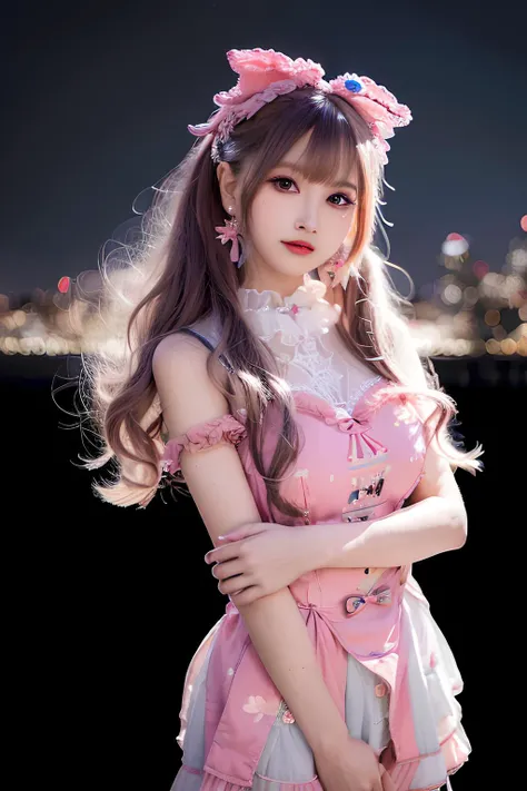 floral print, (night cityscape background:1.5), (1girl:1.6), long hair, ulzzang-6500v1.1, (orginal: 1.2), (realistic: 1.3), beautiful girl with beautiful details, extremely detailed eyes and face, eyes with beautiful details, absurd, incredibly absurd, hug...