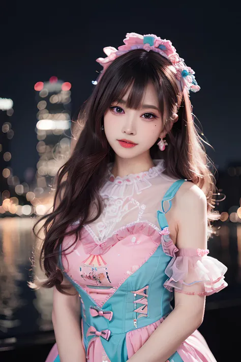 floral print, (night cityscape background:1.5), (1girl:1.6), long hair, ulzzang-6500v1.1, (orginal: 1.2), (realistic: 1.3), beautiful girl with beautiful details, extremely detailed eyes and face, eyes with beautiful details, absurd, incredibly absurd, hug...