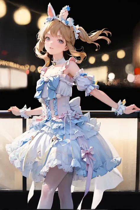 1girl, solo,mix4, (realistic:1.1), (photorealistic:1.1), (masterpiece:1.1), (best quality:1.1), ultra detailed, looking at viewer, smile,sweet_lolita,standing , natural lighting, depth of field, (pureerosface_v1:0.8), amusement park in the background,(nigh...