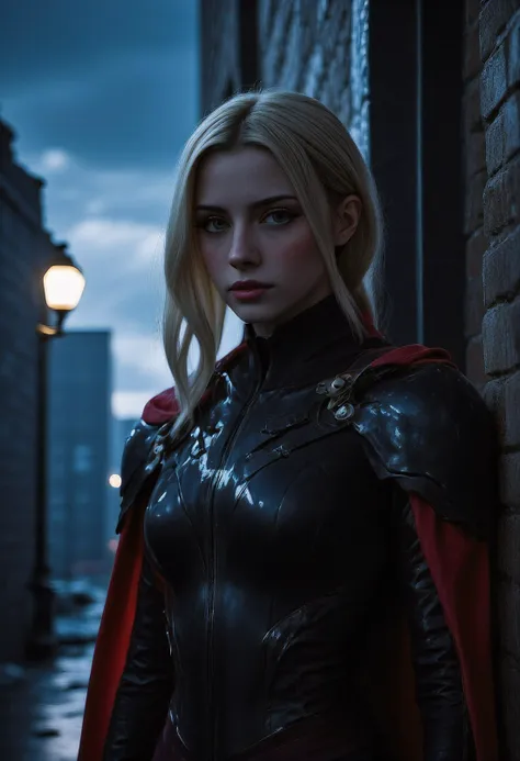 A DSLR photo of a young teenage girl assassin in training, pale porcelain white skin, petite, skinny, long flowing platinum white hair, black assassin armor, black bodysuit, at night, moonlight, red cloak, hidden blades, shadows, darkness, stalking, striki...