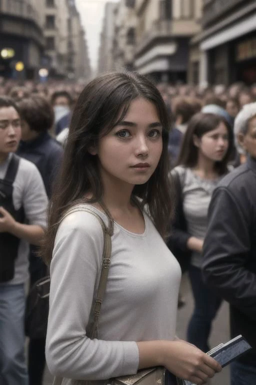 araffe woman in white shirt standing in a crowded street