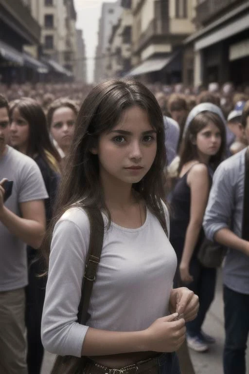 araffe woman in white shirt and brown bag standing in a crowd